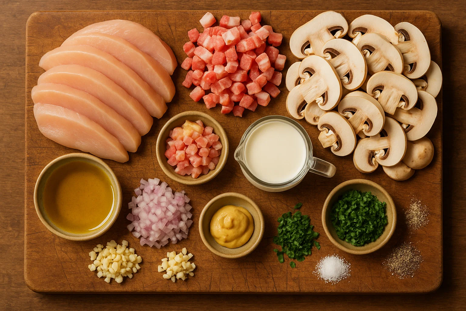 Les Ingrédients Essentiels pour des Émincés de Poulet Parfaits Image des ingrédients frais et crus pour la recette, incluant des poitrines de poulet, des champignons, des lardons, de la crème et de la moutarde, disposés sur une planche à découper en bois.
