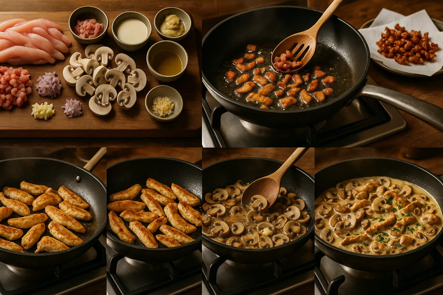 Les Étapes Essentielles des Émincés de Poulet en Images Collage de photos montrant les étapes clés de la préparation des émincés de poulet : du poulet cru aux lardons croustillants, en passant par la cuisson des champignons et l'ajout de la sauce crémeuse.