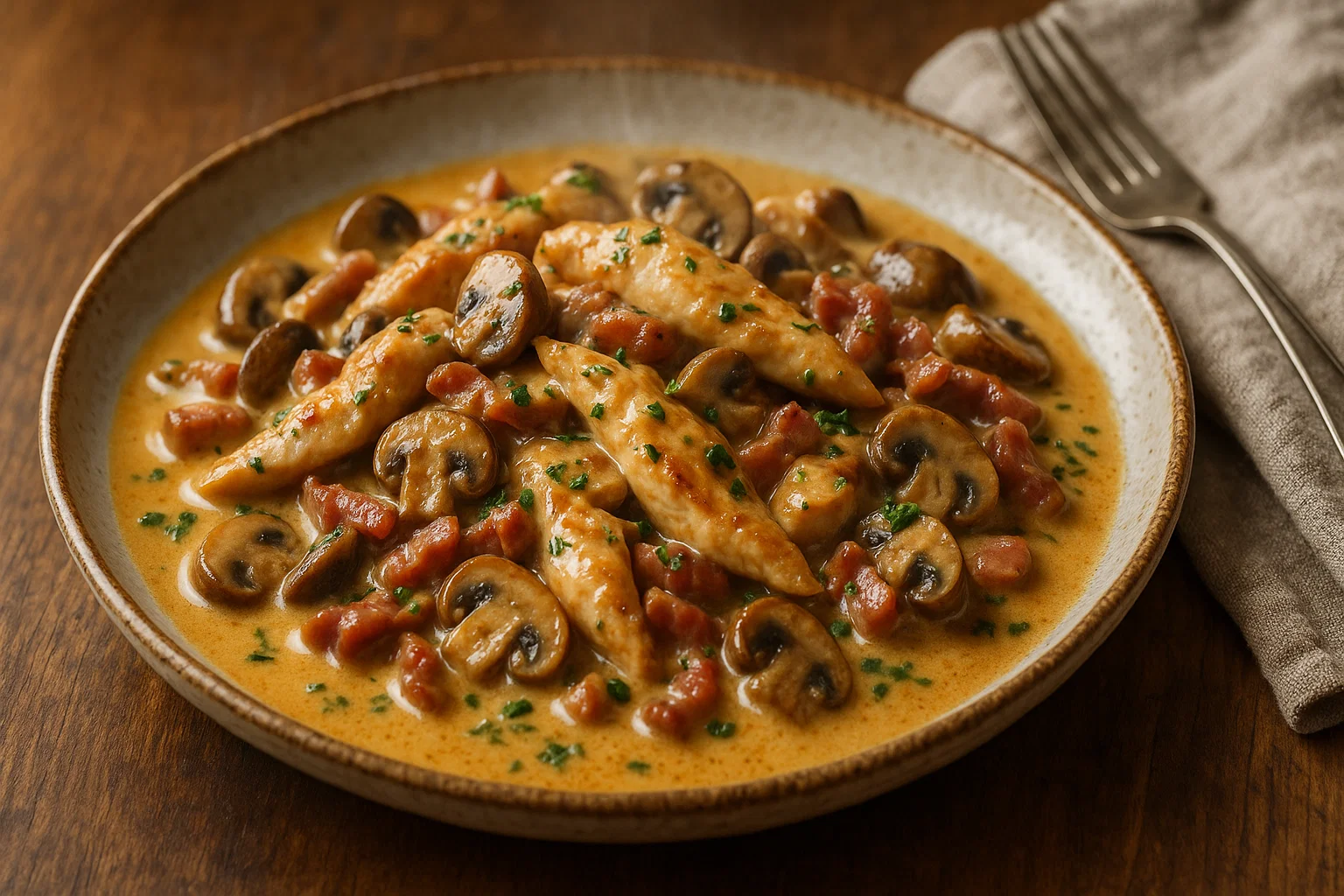 Un gros plan sur des émincés de poulet parfaitement dorés, mélangés à des lardons croustillants et des champignons, le tout enrobé d'une sauce crémeuse à la moutarde.