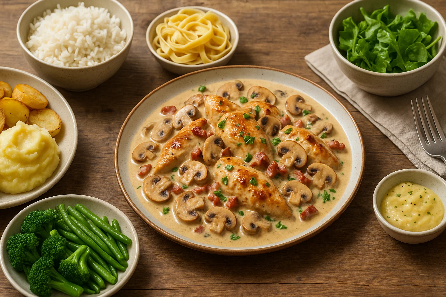 Plat Principal : Émincés de Poulet à la Moutarde Une assiette généreuse d'émincés de poulet, de lardons et de champignons, garnis de persil frais, avec de la purée de pommes de terre en accompagnement.