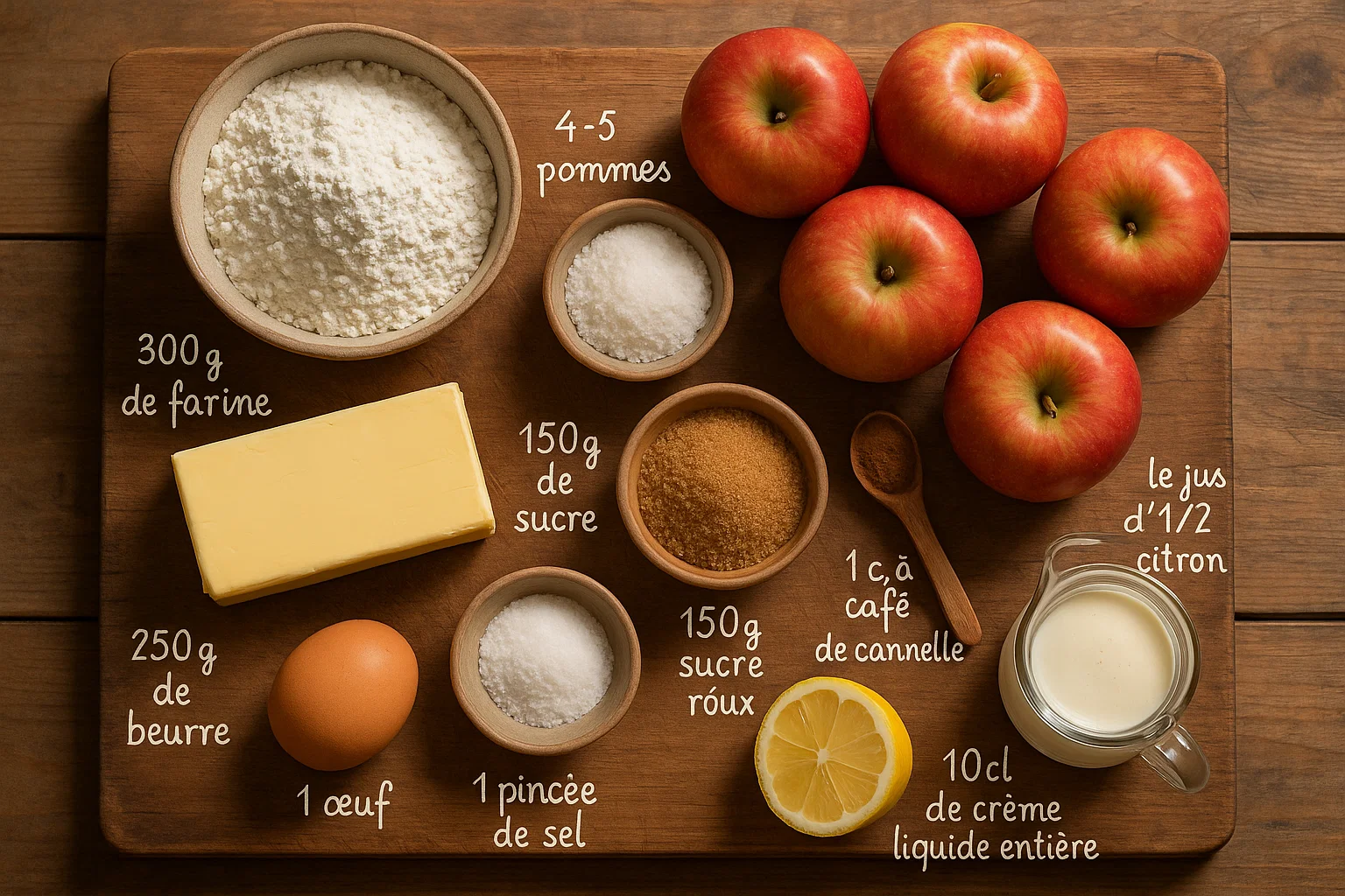 Ingrédients pour la Tarte Crumble Ingrédients pour la Tarte Crumble aux Pommes & Caramel : pommes, sucre, farine, beurre, cannelle, et un pot de caramel au beurre salé.