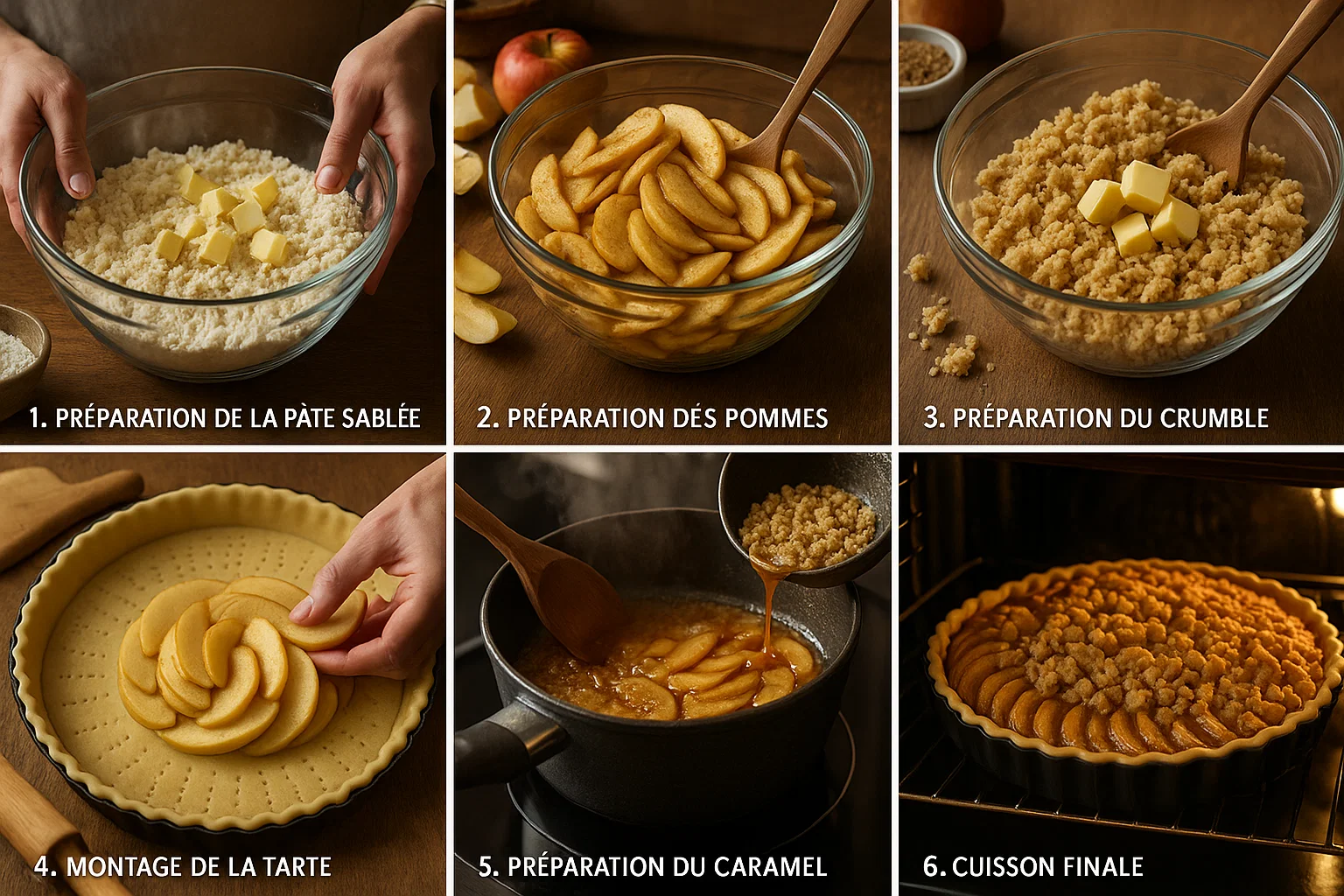 Préparation Tarte aux Pommes et Crumble Tarte aux pommes et crumble dans un moule avant la cuisson, saupoudrée d'une généreuse couche de crumble.