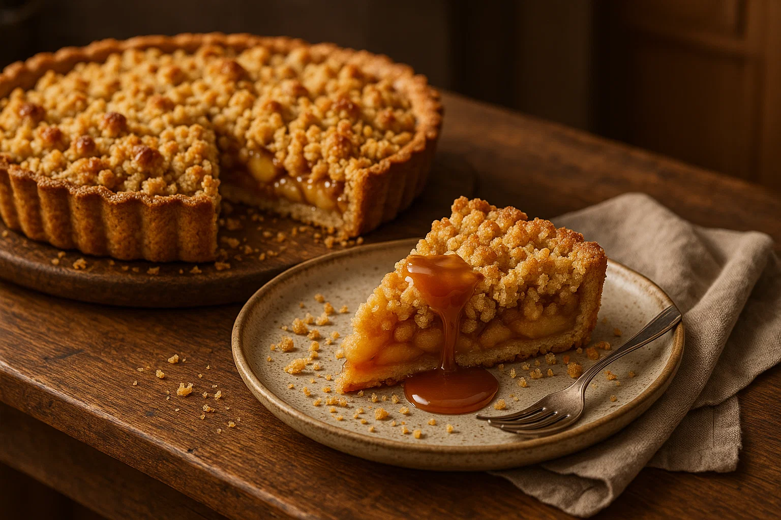 Tarte Crumble aux Pommes & Caramel Beurre Salé sur une table en bois, une part est coupée et révèle une garniture de pommes fondantes.