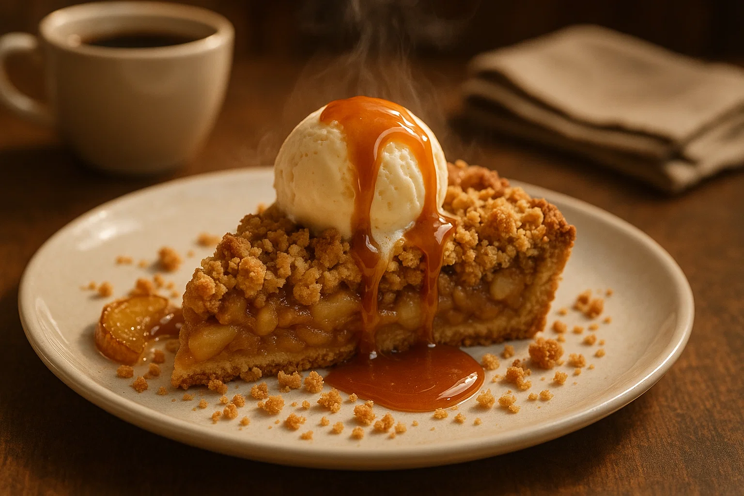 Part de Tarte Crumble aux Pommes Une part de Tarte Crumble aux Pommes & Caramel Beurre Salé est coupée sur une assiette, un coulis de caramel coule délicatement.