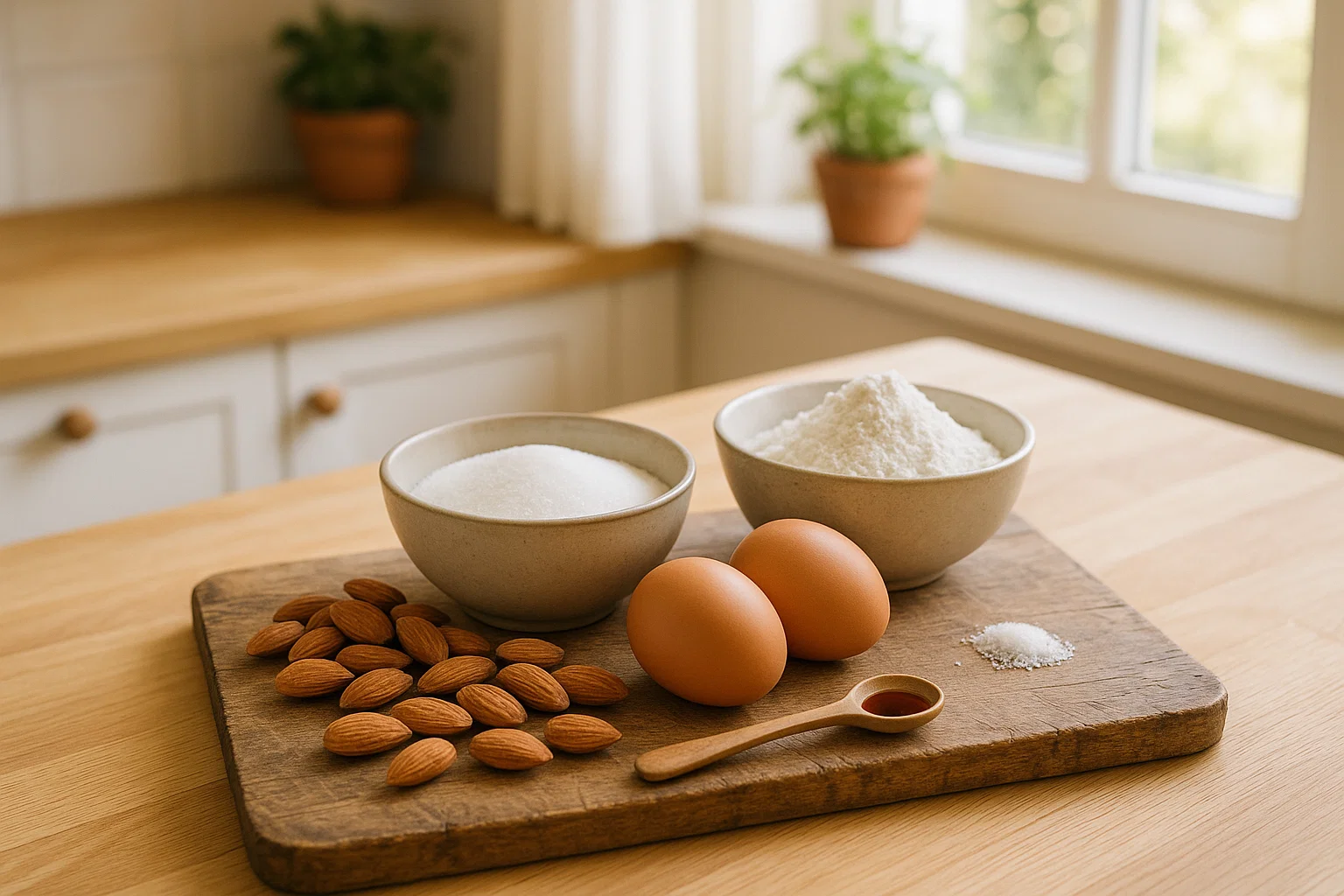 Les Ingrédients de Base des Croquants aux Amandes Ingrédients essentiels pour les Croquants aux Amandes : sucre, farine, œufs, amandes entières non mondées, vanille liquide, et une pincée de sel, disposés sur une surface claire.