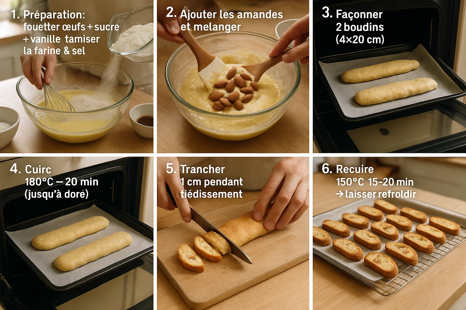 Première Cuisson des Croquants aux Amandes Deux boudins de pâte dorés, parsemés d'amandes, sortant du four sur une plaque de cuisson recouverte de papier sulfurisé, avant d'être coupés.