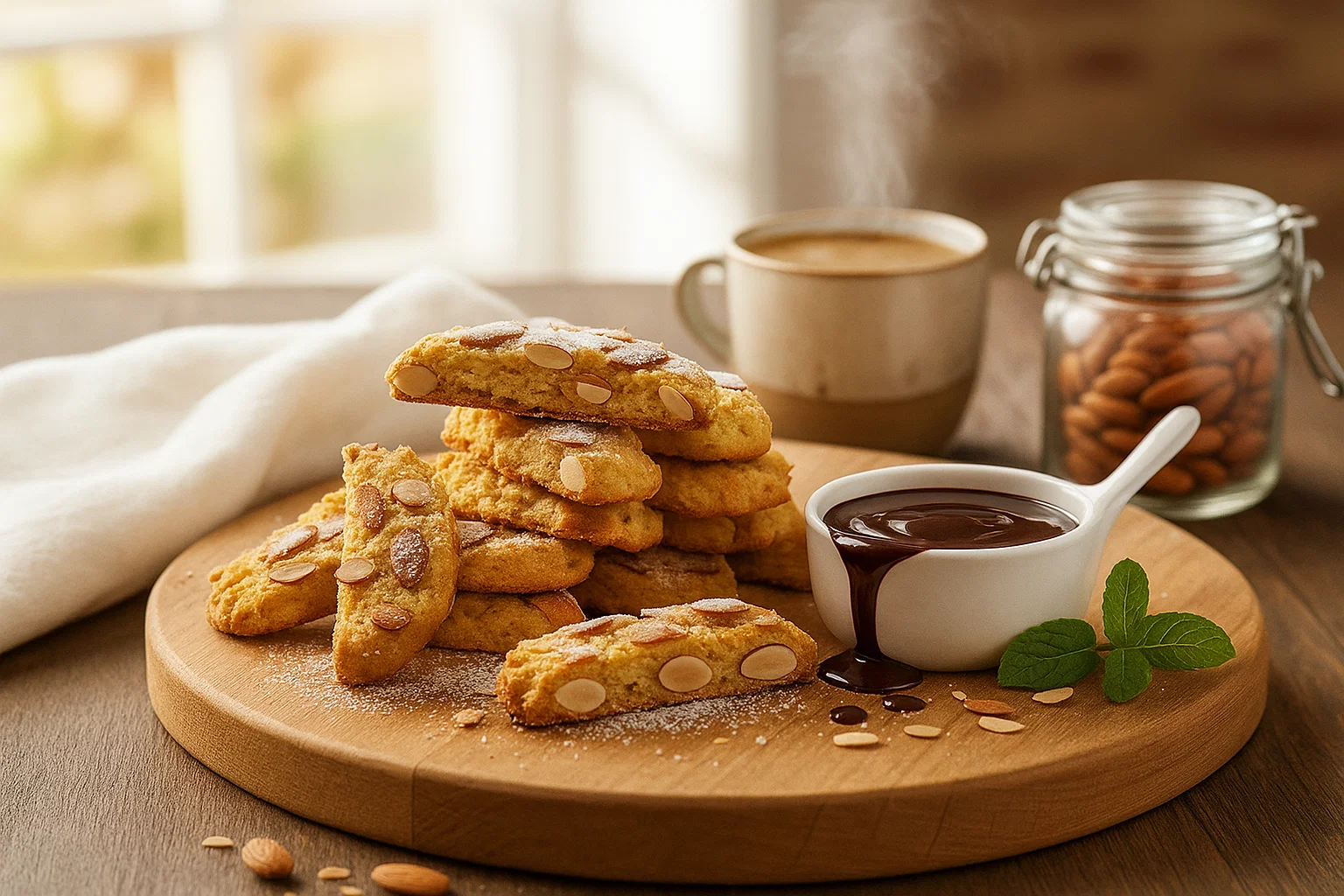 Une pile de Croquants aux Amandes croustillants saupoudrés de sucre glace, présentés sur une planche en bois avec une tasse de café fumant et une coupelle de sauce chocolat.