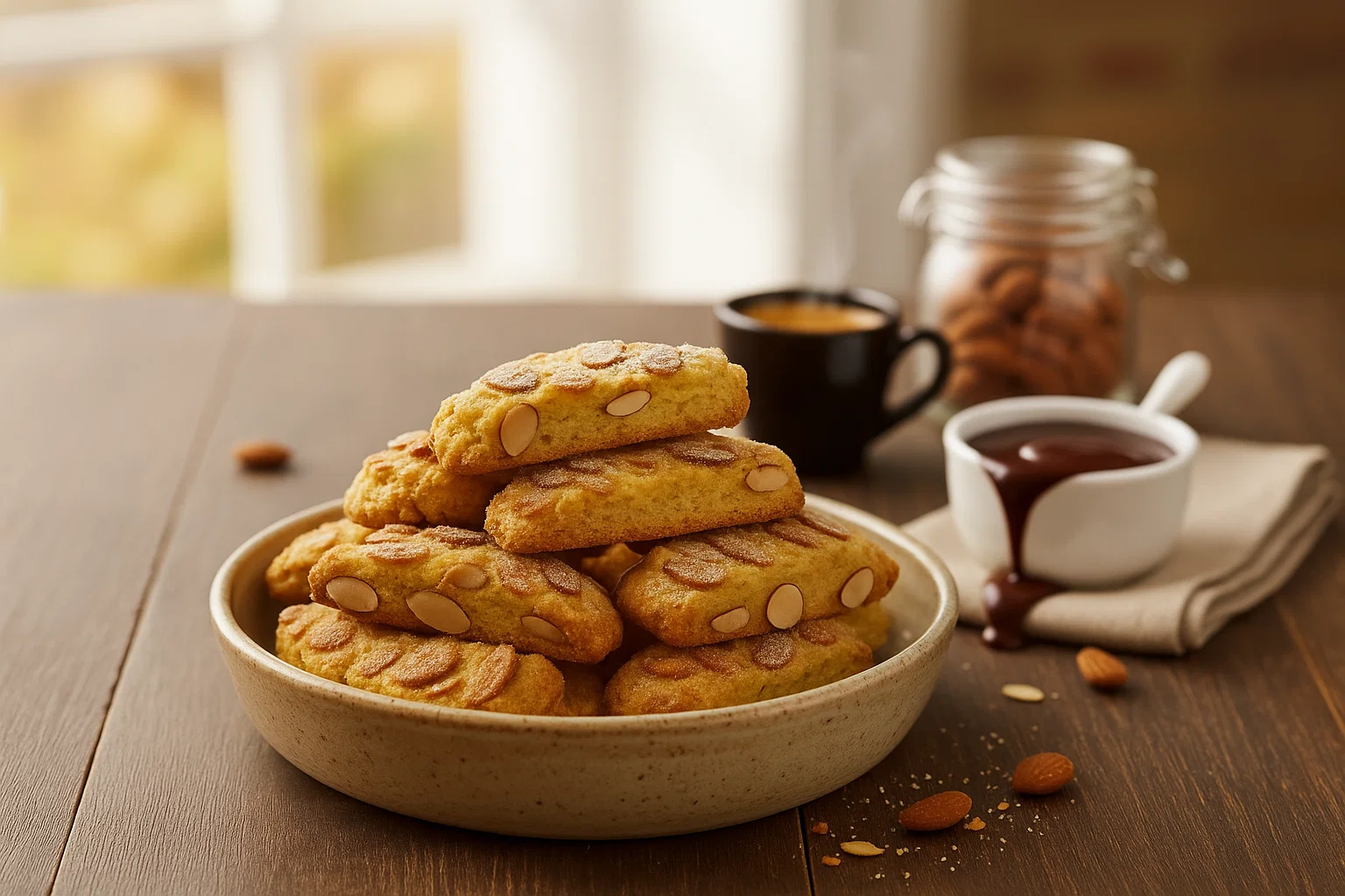 Bol de Croquants aux Amandes Fraîchement Préparés Un bol rempli de Croquants aux Amandes saupoudrés de sucre glace, sur une table en bois, avec une tasse de café en arrière-plan et un bocal d'amandes.