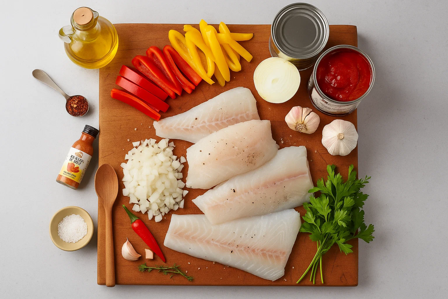 Ingrédients Frais Cabillaud à la Basquaise Ingrédients pour Cabillaud à la Basquaise : cabillaud, poivrons, tomates, oignons, piment d'Espelette sur planche.