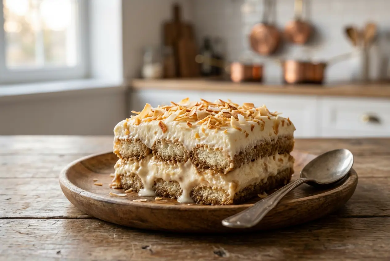 Part découpée de tiramisu à la noix de coco révélant ses couches aériennes et crémeuses, servie sur une table en bois avec une cuillère.