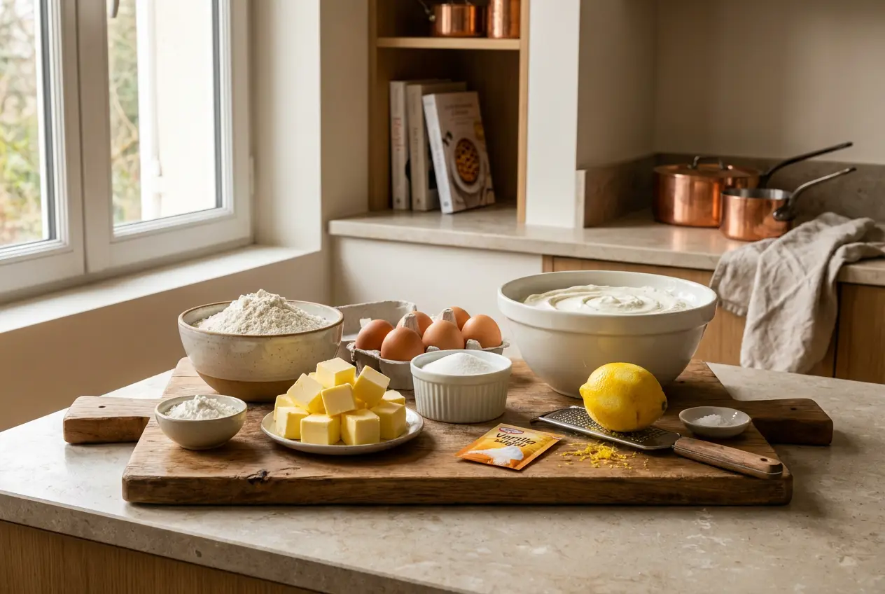 Ingrédients de la tarte au fromage blanc à l’alsacienne disposés sur une planche en bois dans une cuisine moderne française.