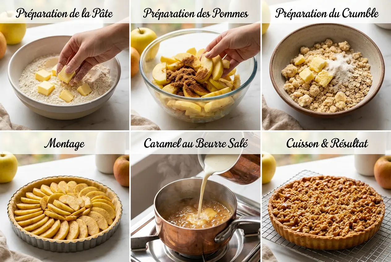 Préparation de la pâte sablée et mélange des pommes pour tarte crumble aux pommes