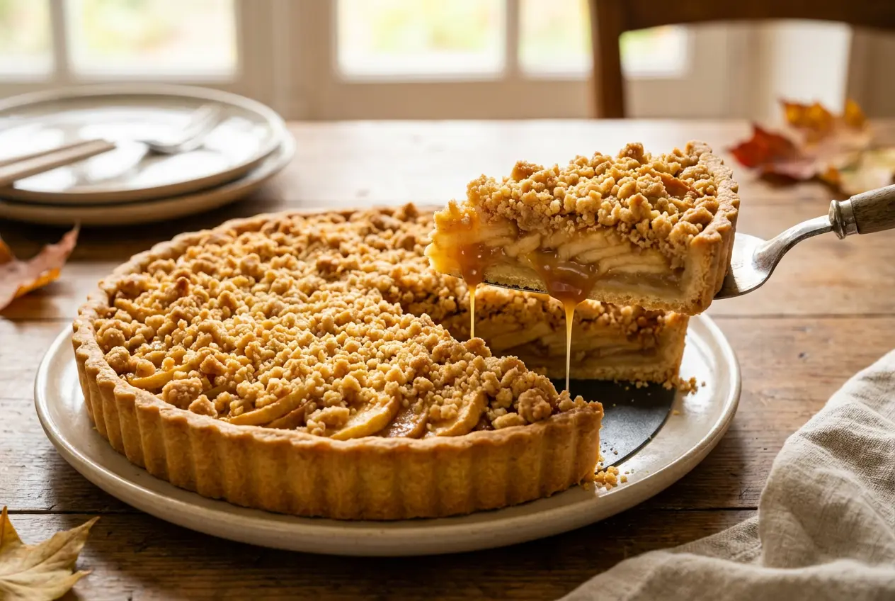 Tarte Crumble aux Pommes & Caramel au beurre salé dorée avec une part découpée