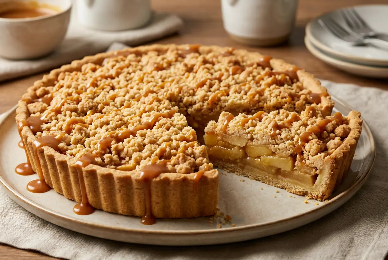 Tarte crumble aux pommes et caramel au beurre salé dorée avec une part découpée
