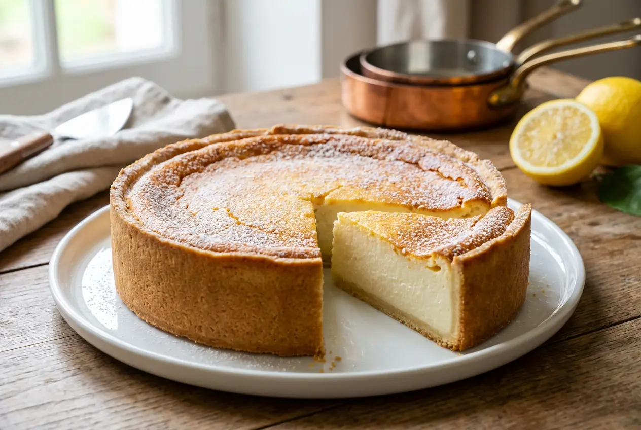 Tarte au fromage blanc alsacienne démoulée et coupée, texture crémeuse visible.