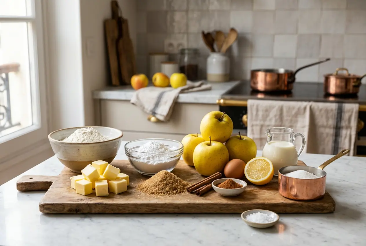 Ingrédients disposés sur planche en bois pour Tarte Crumble aux Pommes et Caramel dans une cuisine moderne française