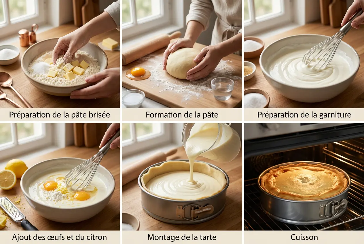 Préparation de la pâte brisée maison avec beurre et farine pour tarte au fromage blanc.