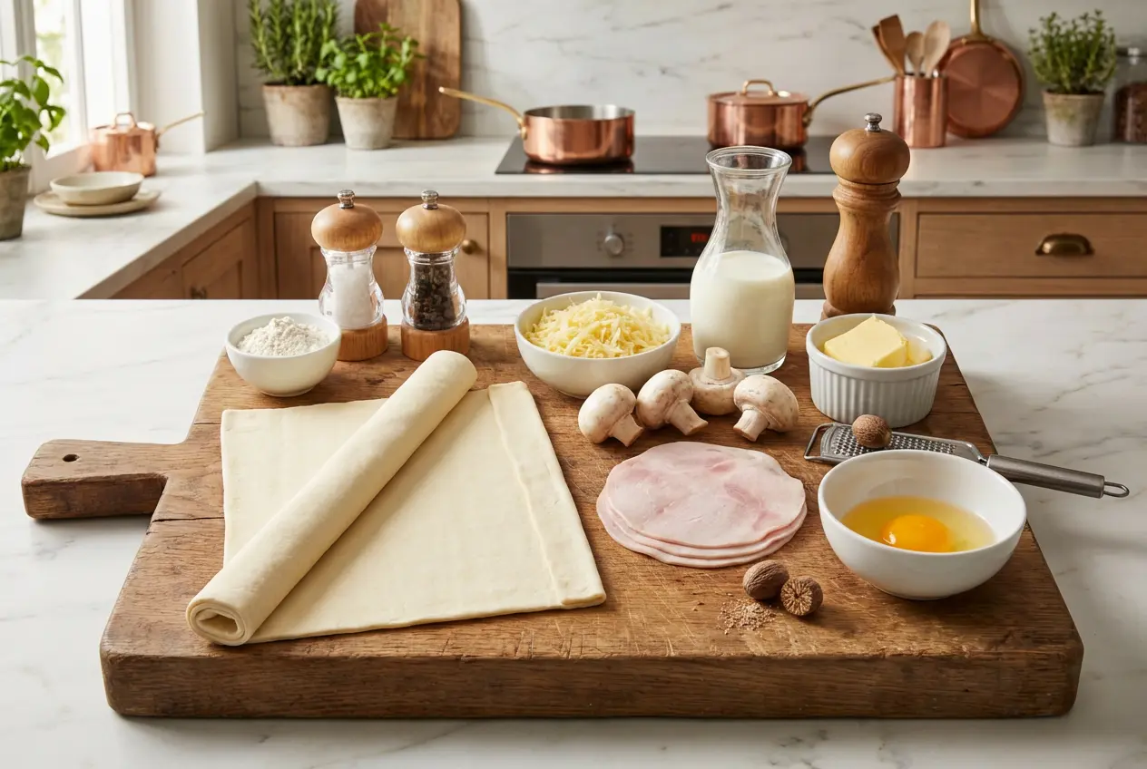 Ingrédients frais pour une tresse feuilletée au jambon, champignons et fromage