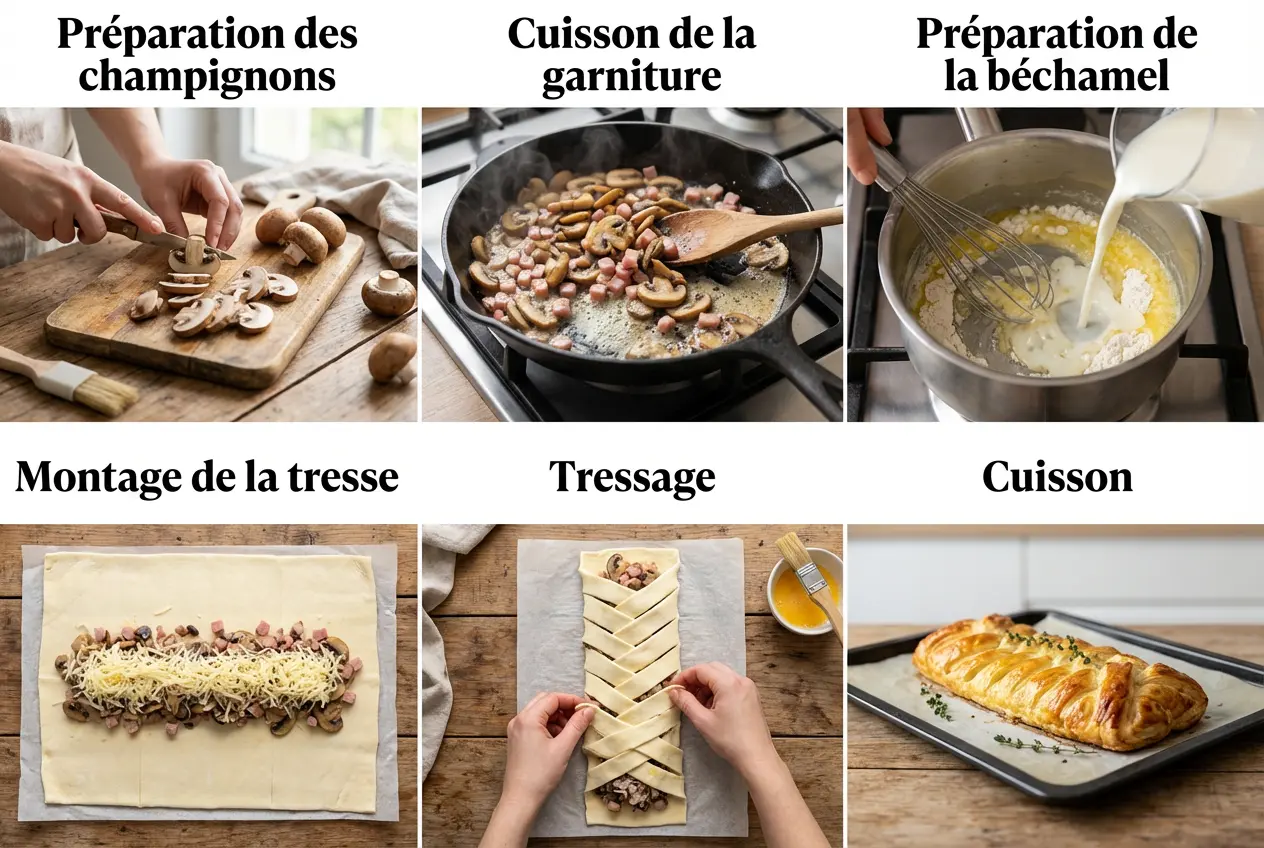 Étapes de préparation de la garniture et de la béchamel pour la tresse feuilletée