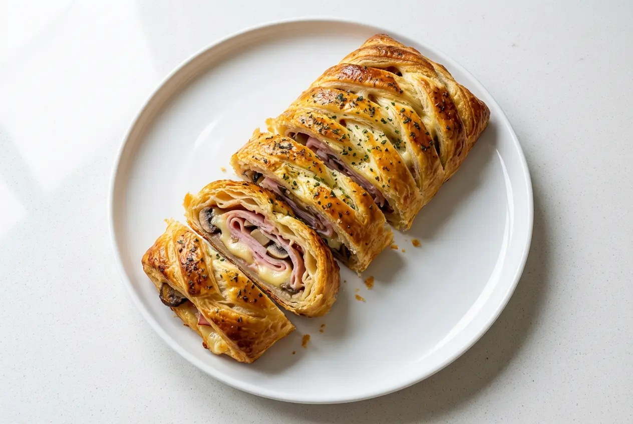 Tresse feuilletée dorée, coupée en tranches, révélant une garniture fondante de jambon, champignons et fromage, présentée sur une assiette blanche.