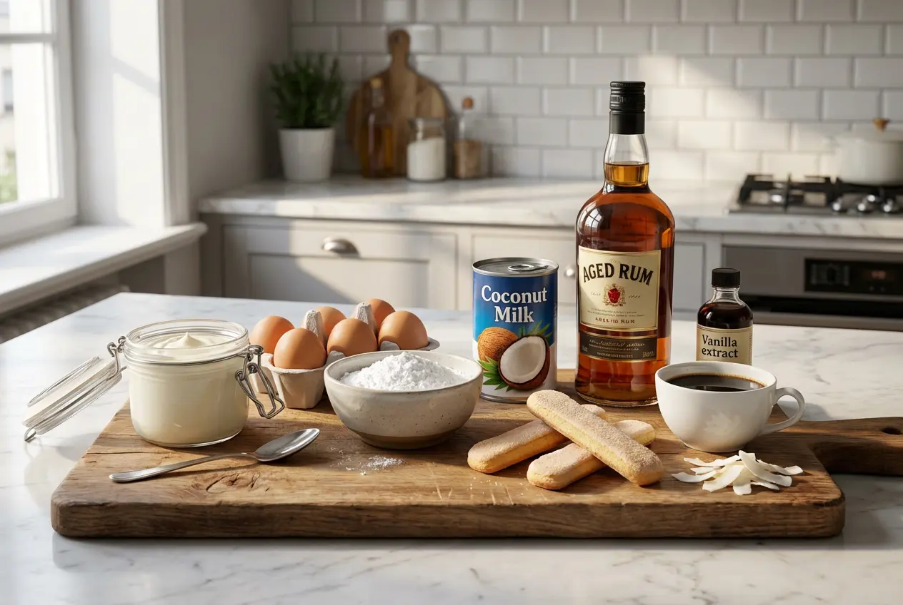 Ingrédients pour le tiramisu à la noix de coco élégamment disposés sur une planche en bois : mascarpone, œufs, sucre, lait de coco, rhum, vanille, boudoirs, café et copeaux de coco.