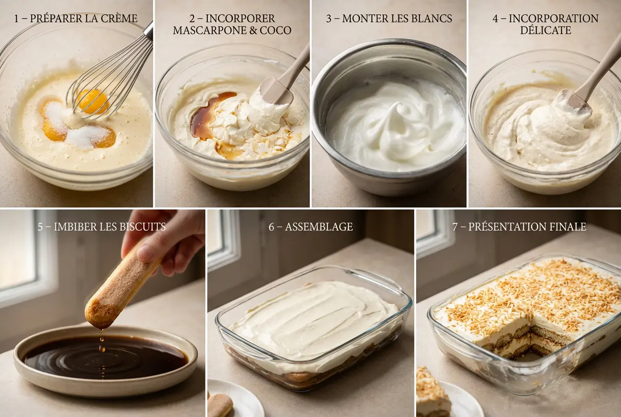 Guide visuel en 7 étapes montrant comment préparer la recette du tiramisu à la noix de coco, de la préparation de la crème à l'assemblage final.