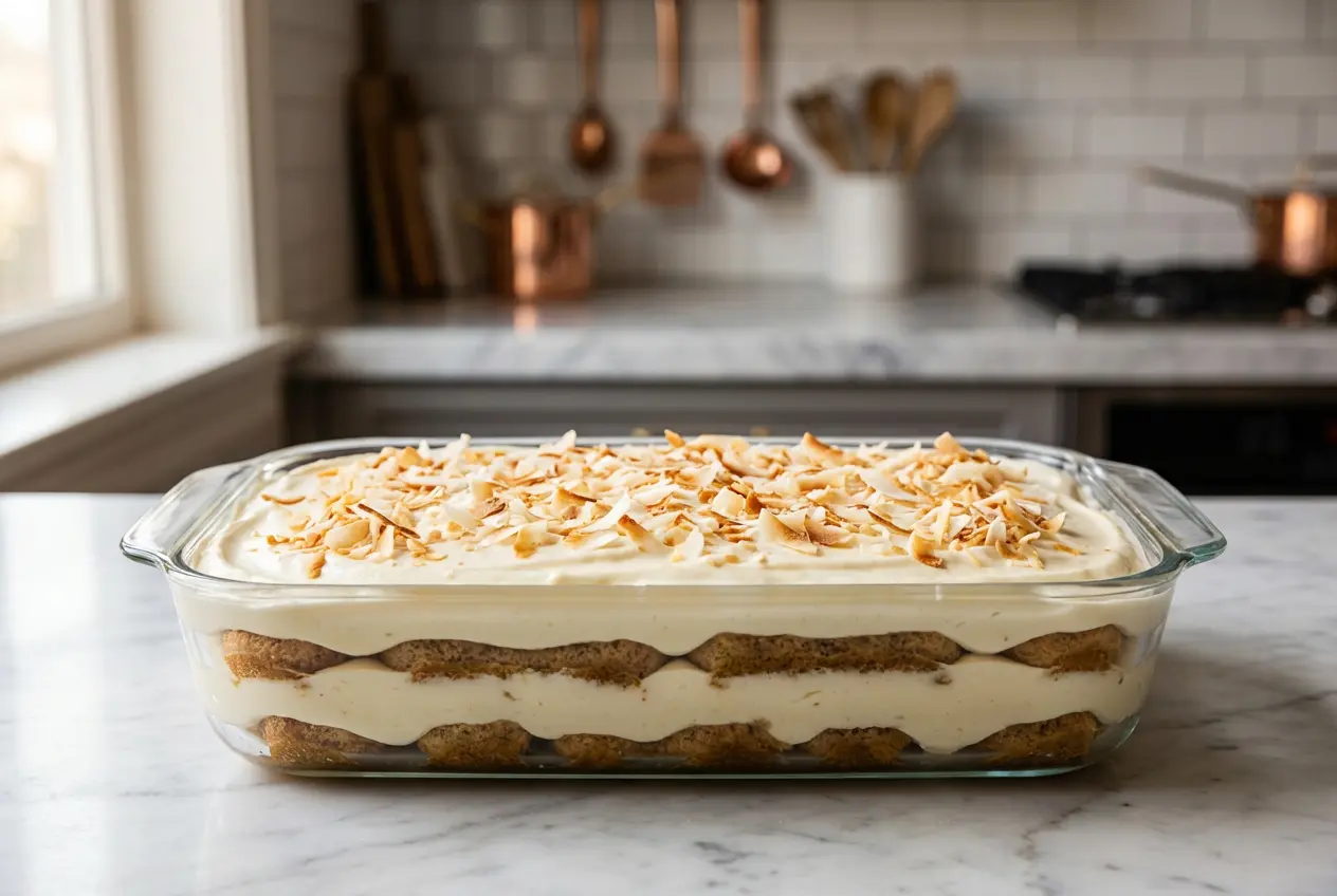 Tiramisu à la noix de coco terminé et généreusement garni de copeaux de coco dorés, présenté dans un plat en verre rectangulaire.