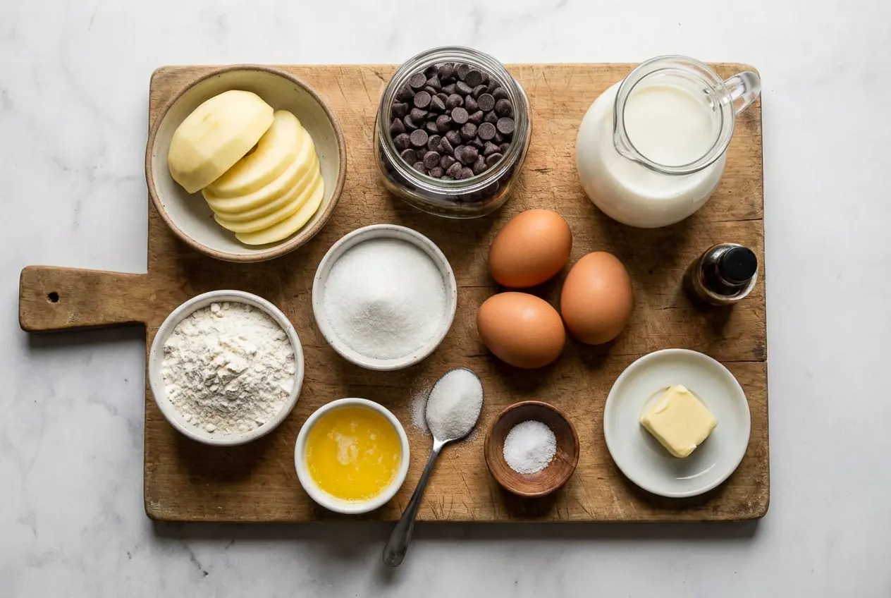 Ingrédients du clafoutis pommes chocolat disposés sur une planche en bois, lumière naturelle douce.