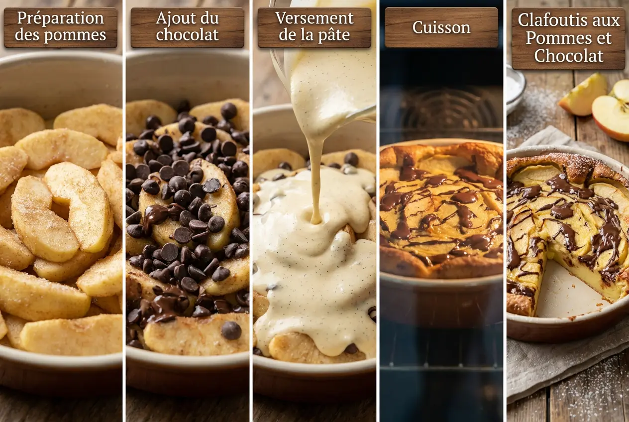 Étapes de préparation du clafoutis pommes chocolat, montrant la découpe des pommes, l’ajout du chocolat et le versement de la pâte.