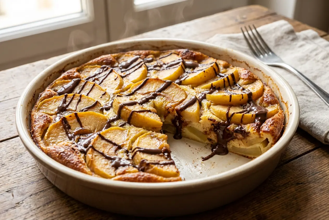 Une part gourmande du Clafoutis Pommes & Chocolat, servie sur une assiette avec du sucre glace et une texture fondante bien visible.