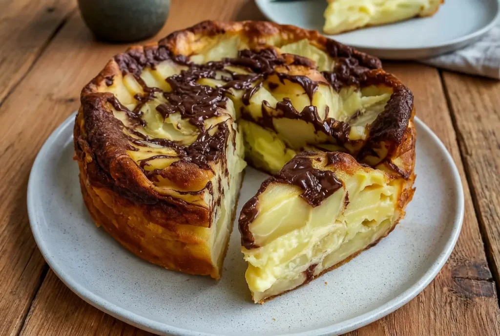 Une part gourmande du Clafoutis Pommes & Chocolat, servie sur une assiette avec du sucre glace et une texture fondante bien visible.
