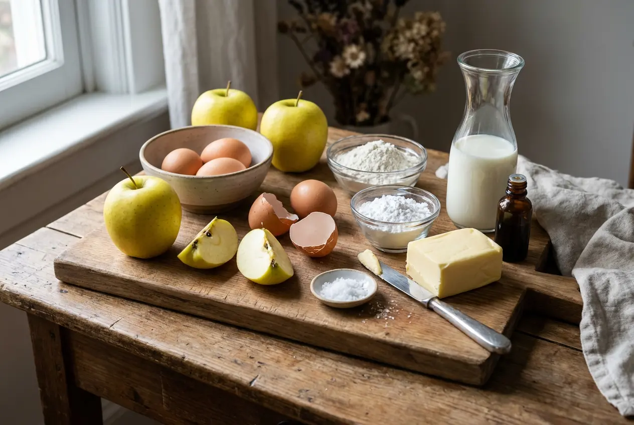 Ingrédients du crépiau aux pommes disposés sur planche en bois avec pommes, œufs, farine, lait et beurre