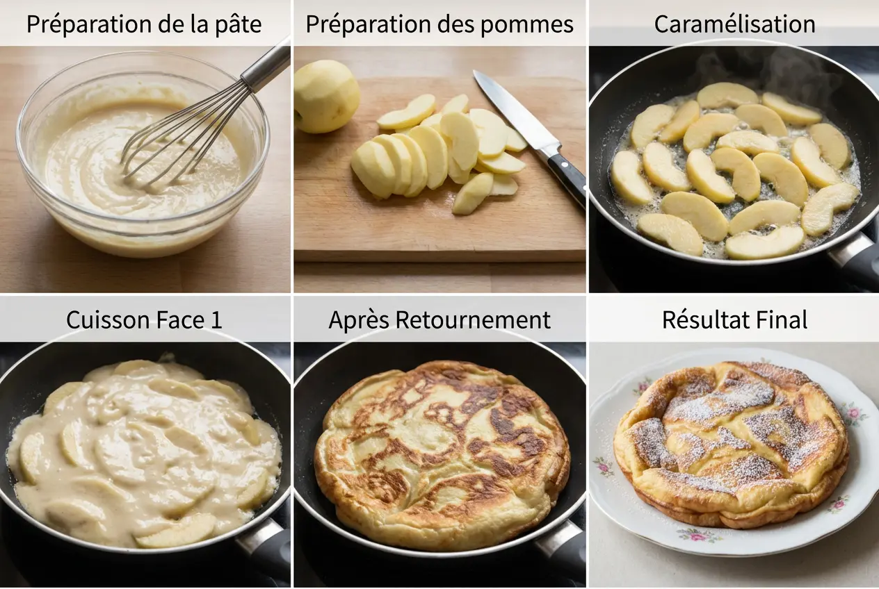 Préparation du crépiau aux pommes dans une poêle avec pommes caramélisées et pâte épaisse