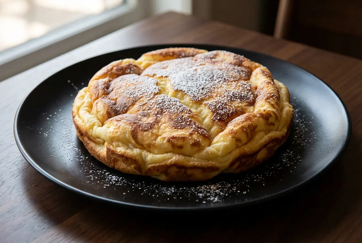 Un Crépiau aux Pommes express doré et fondant, servi sur une assiette et saupoudré de sucre glace, avec un café fumant à côté.
