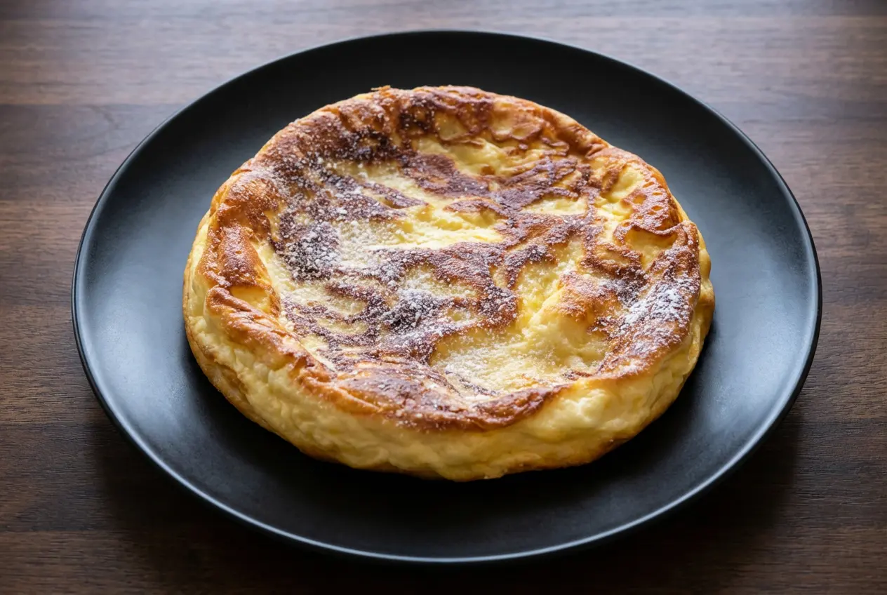 Un Crépiau aux Pommes express doré et fondant, servi sur une assiette et saupoudré de sucre glace, avec un café fumant à côté.