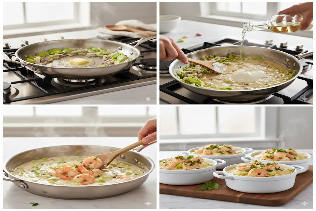 Préparation Sauce Crémeuse Crevettes Poireaux Cuisson poireaux échalotes, ajout farine, vin blanc, crème fraîche en poêle pour sauce onctueuse.