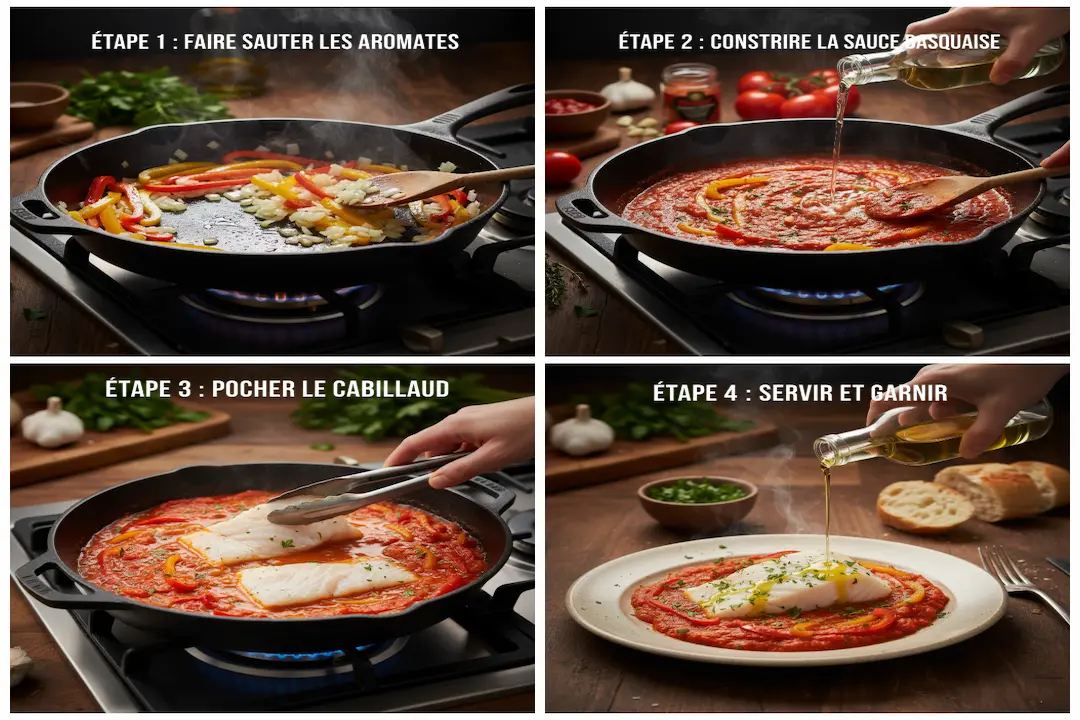 Recette Cabillaud à la Basquaise Pas à Pas Étapes de cuisson du Cabillaud à la Basquaise en 5 scènes : sauté, sauce piperade, pochage du cabillaud, finition.
