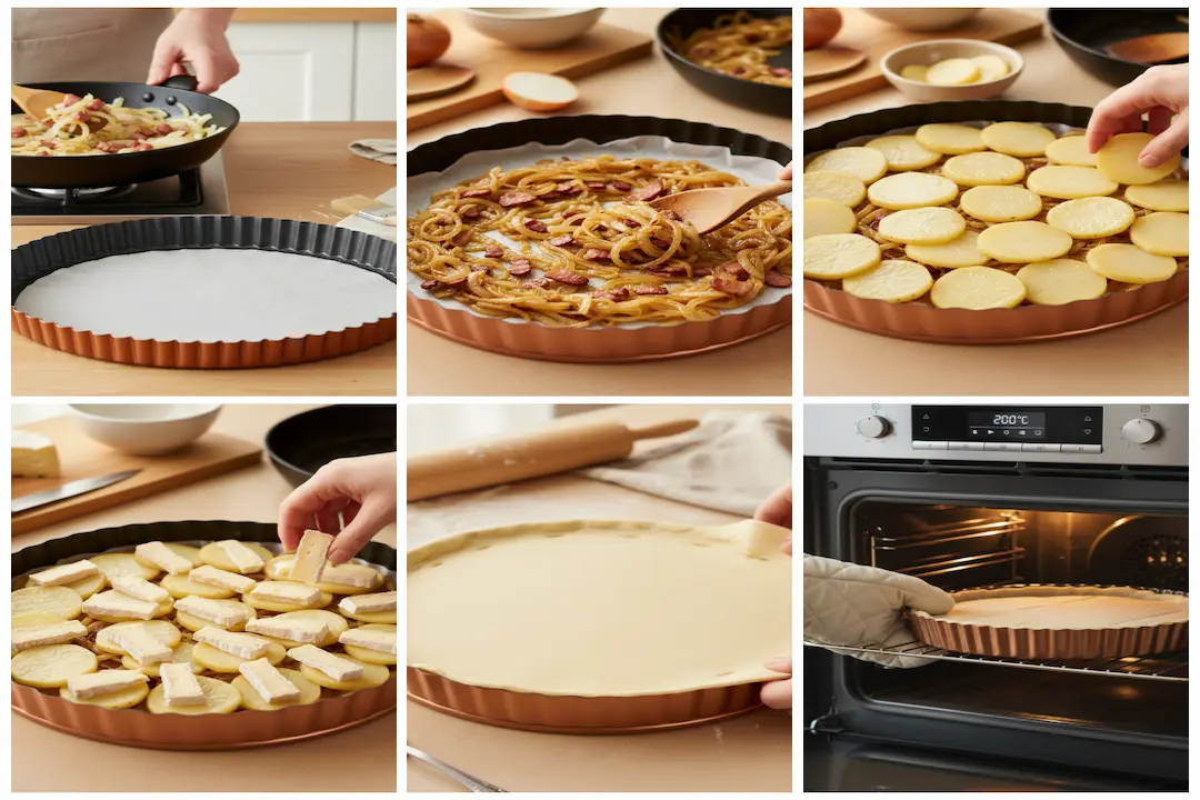 Montage à l'envers de la Tarte à l’Oignon et au Reblochon, la pâte brisée est bordée sur les pommes de terre et le fromage.