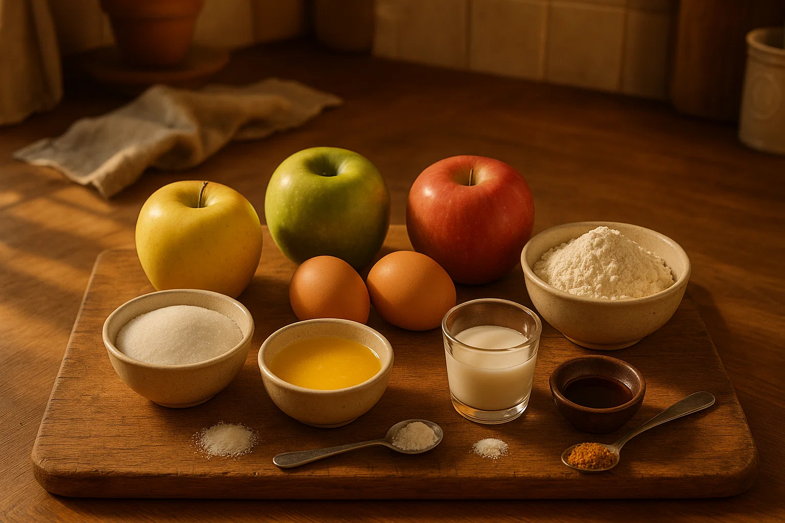 Gros plan des ingrédients du gâteau aux pommes sur une planche en bois : pommes, farine, œufs, sucre, beurre fondu, lait et levure chimique.