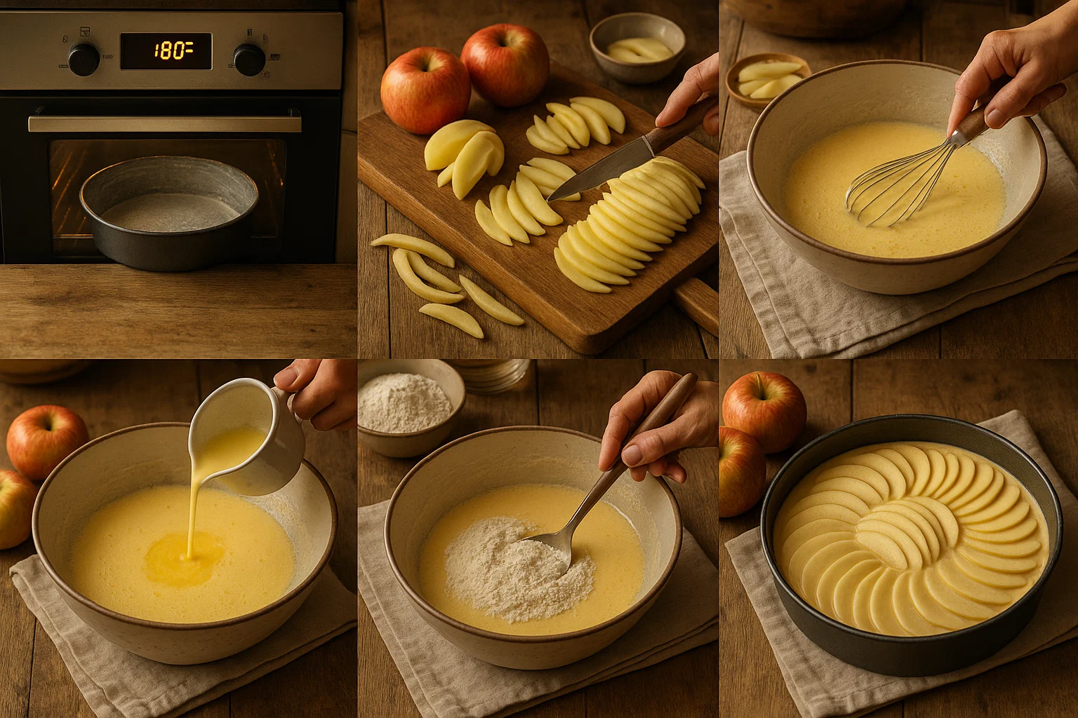 Gros plan d'un saladier montrant les fines lamelles de pommes mélangées délicatement à la pâte à gâteau crémeuse.