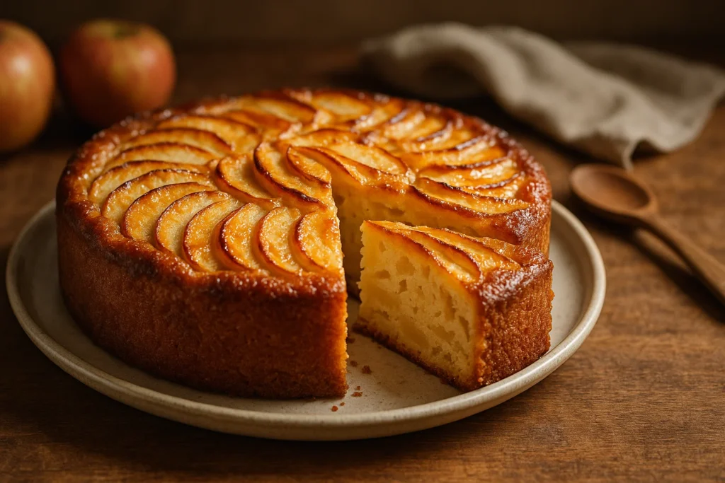 Gâteau aux pommes doré et moelleux, tout juste sorti du four et posé sur une grille de refroidissement dans une ambiance de cuisine.