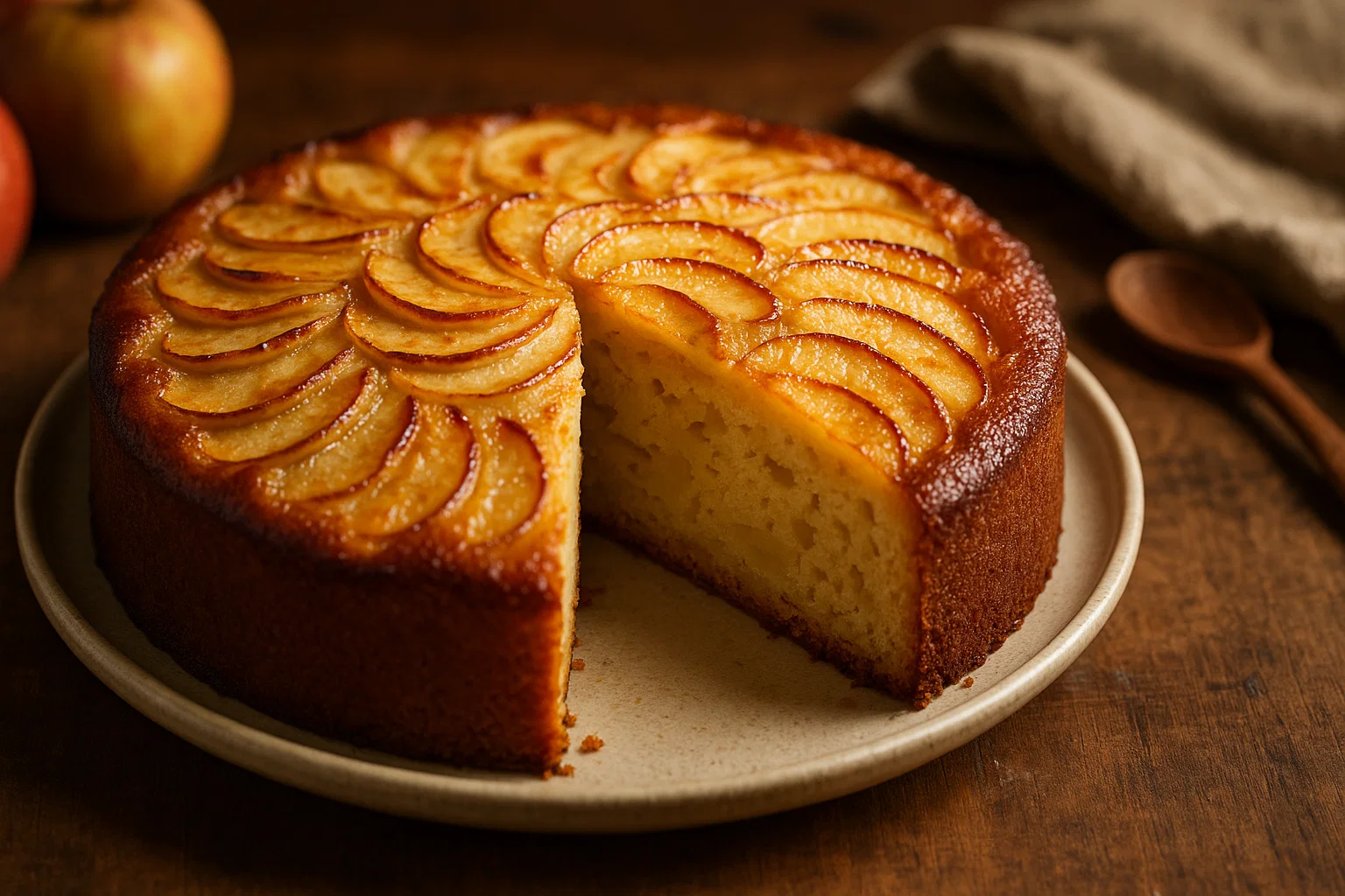 Gâteau aux pommes doré et moelleux, tout juste sorti du four et posé sur une grille de refroidissement dans une ambiance de cuisine.
