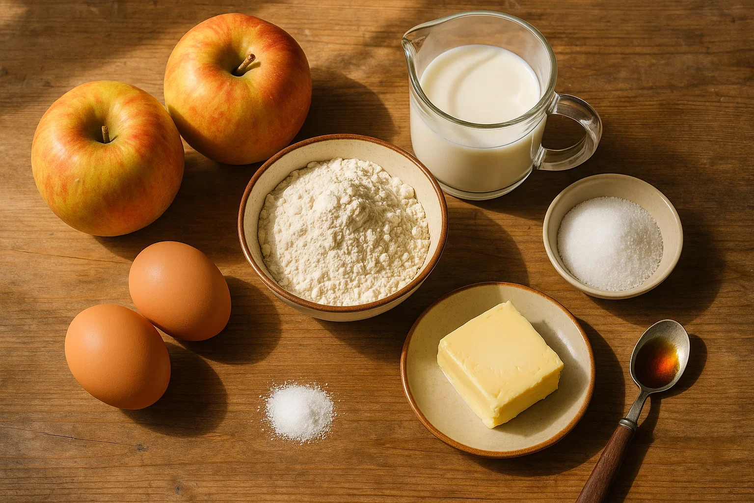 Les 5 ingrédients pour le Crépiau aux Pommes : 2 pommes, des œufs, de la farine, du sucre et une carafe de lait posés sur une table.