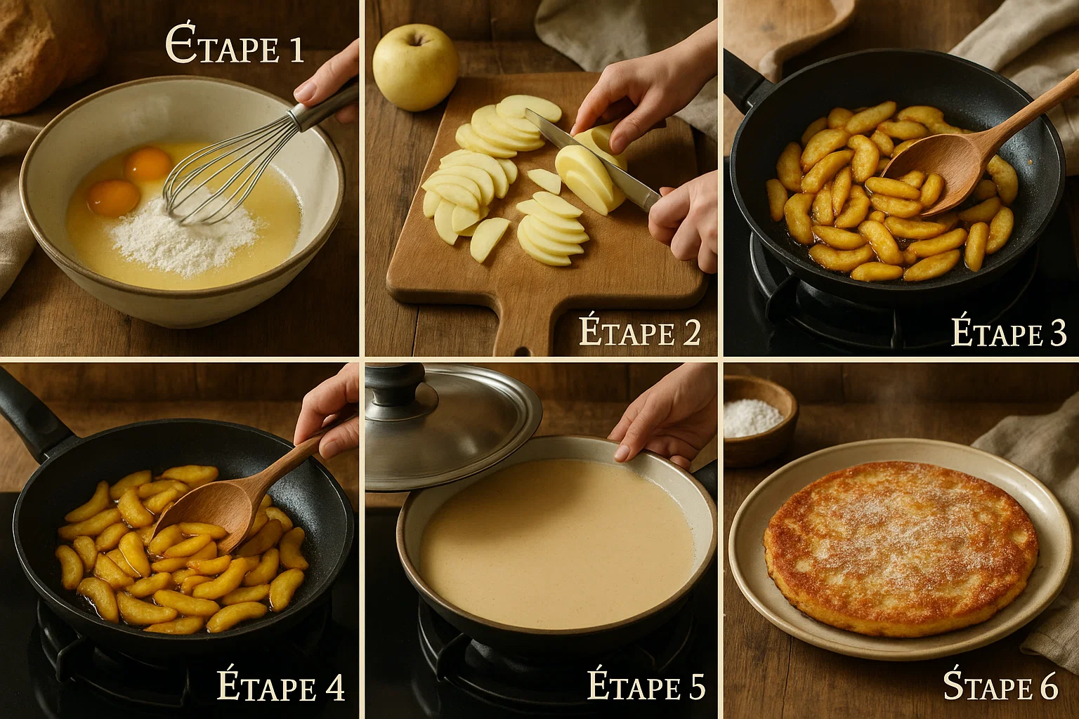 Collage de photos des étapes clés : préparation de la pâte, pommes caramélisées dans la poêle, et la pâte à crépiau versée sur les pommes.
