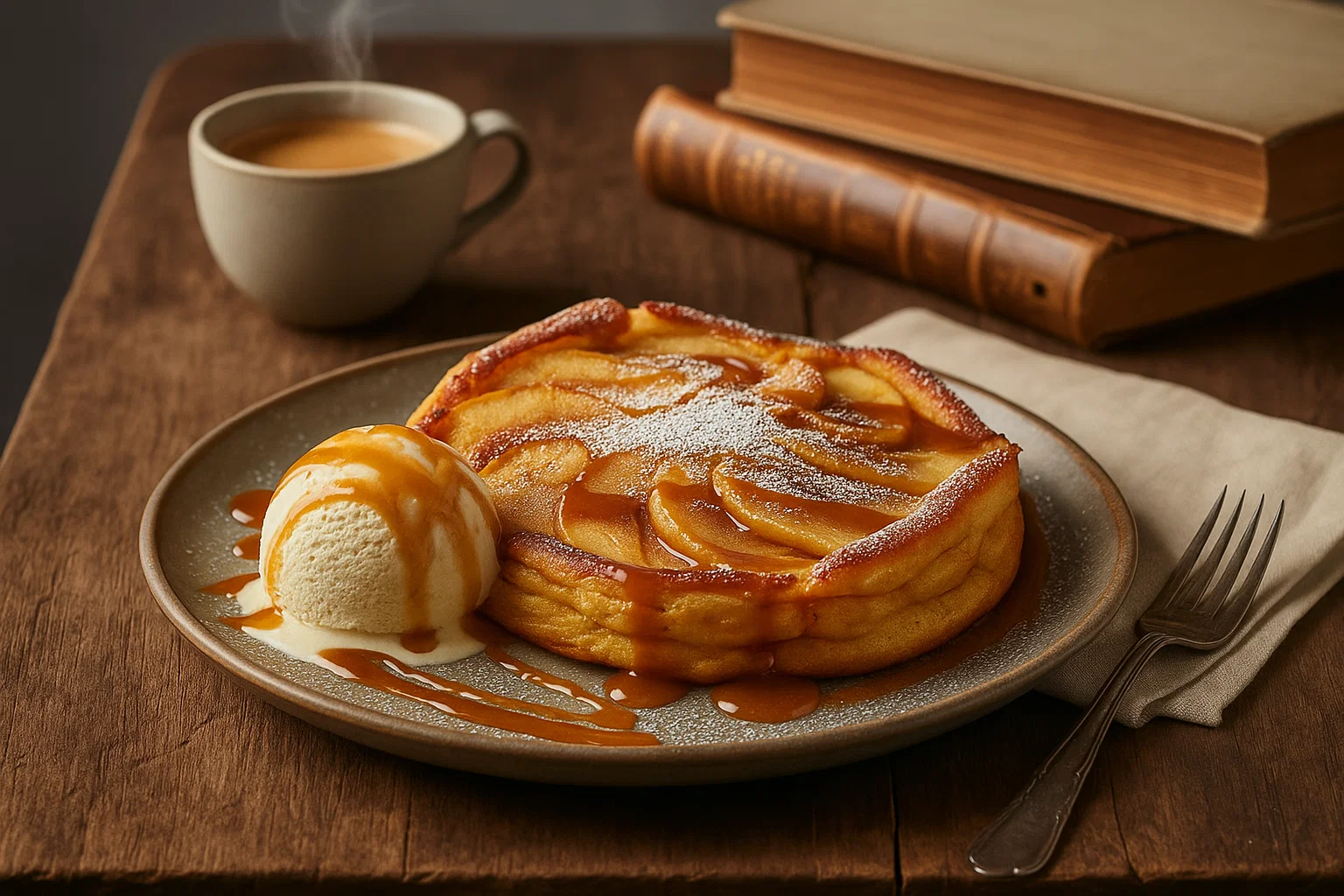 Un Crépiau aux Pommes express doré et fondant, servi sur une assiette et saupoudré de sucre glace, avec un café fumant à côté.