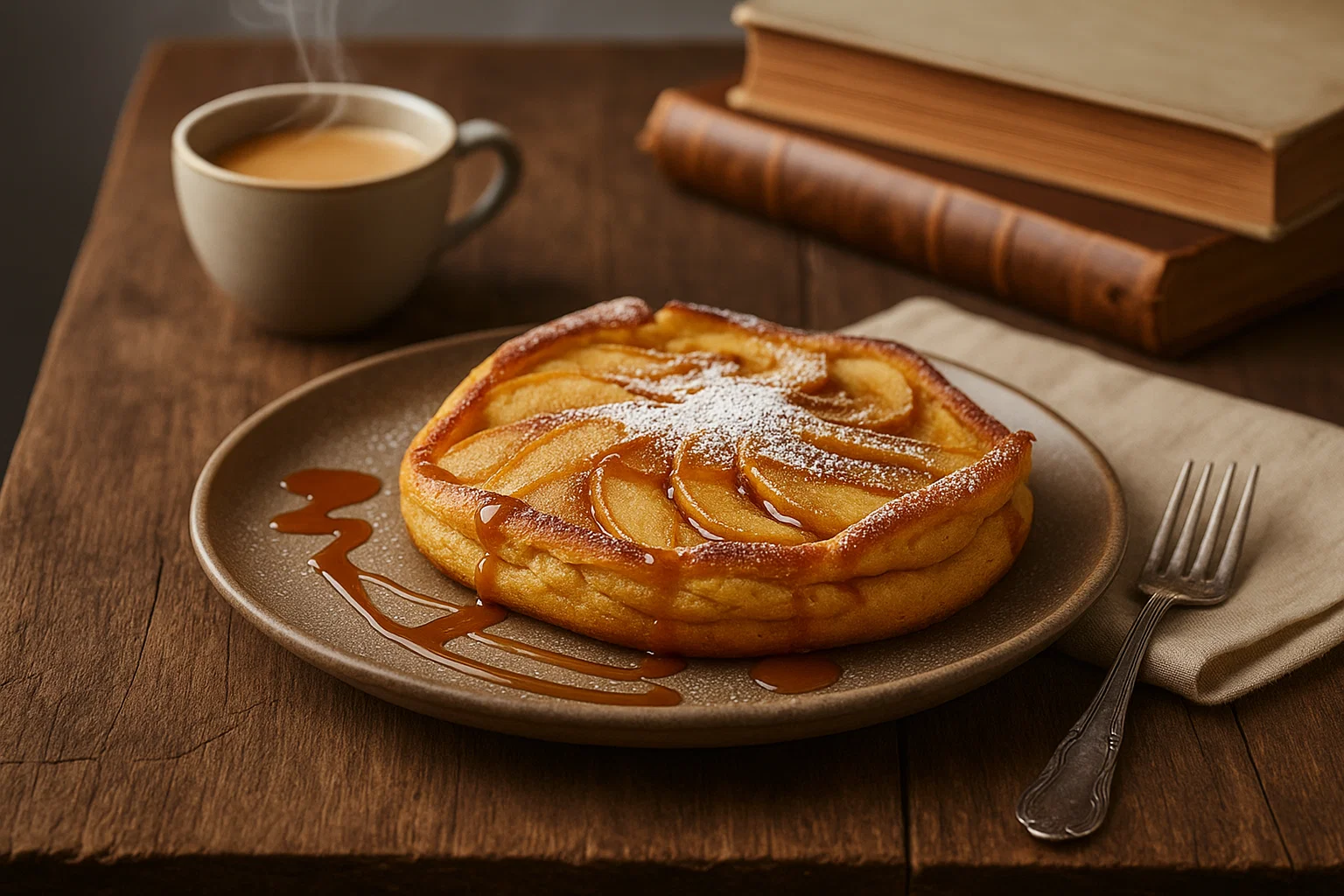 Un Crépiau aux Pommes express doré et fondant, servi sur une assiette et saupoudré de sucre glace, avec un café fumant à côté.