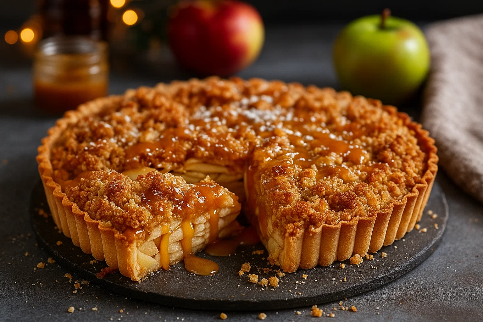 Tarte Crumble aux Pommes & Caramel Beurre Salé sur une table en bois, une part est coupée et révèle une garniture de pommes fondantes.