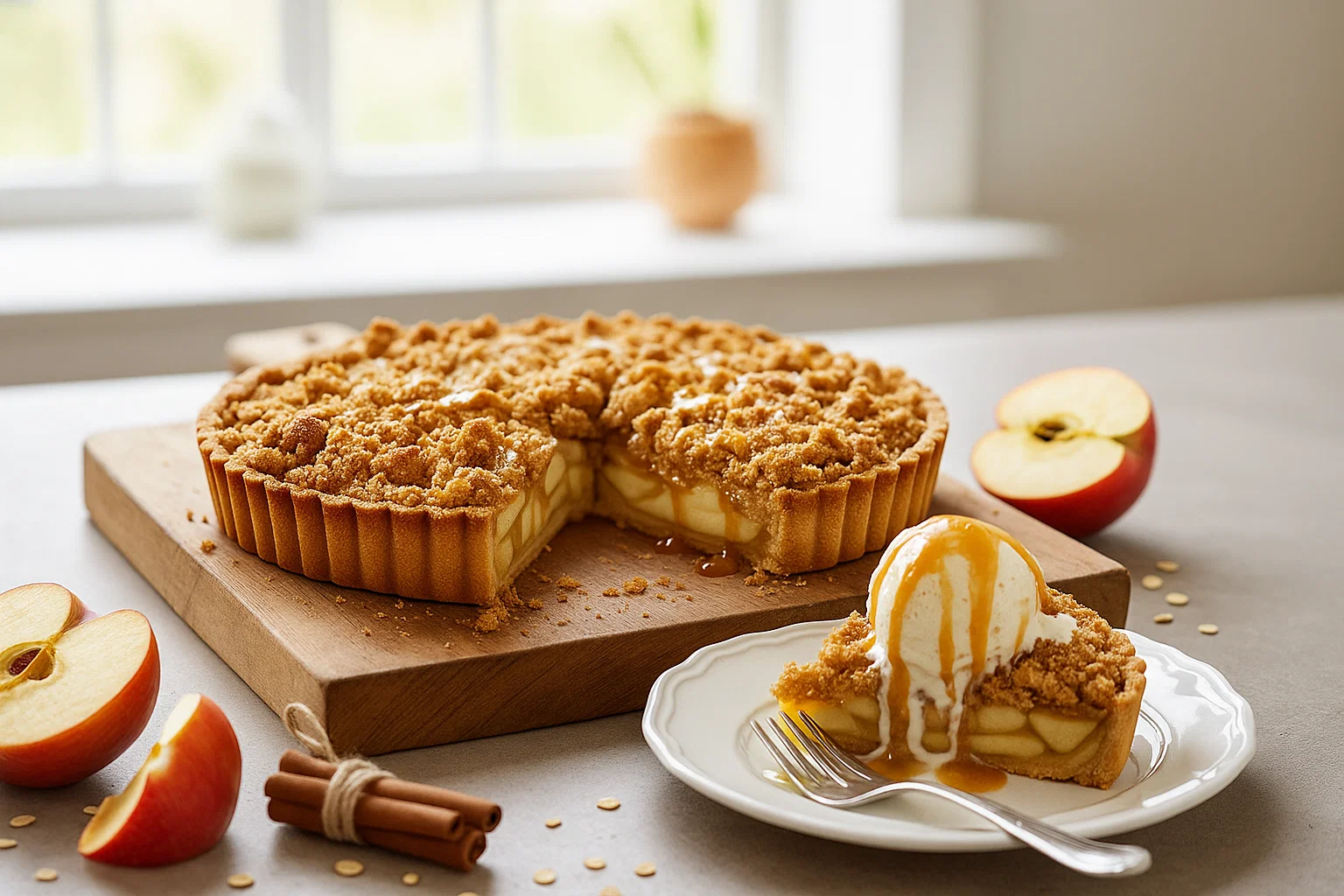 Tarte Crumble aux Pommes & Caramel Beurre Salé Tarte Crumble aux Pommes & Caramel Beurre Salé sur une table en bois, une part est coupée et révèle une garniture de pommes fondantes.