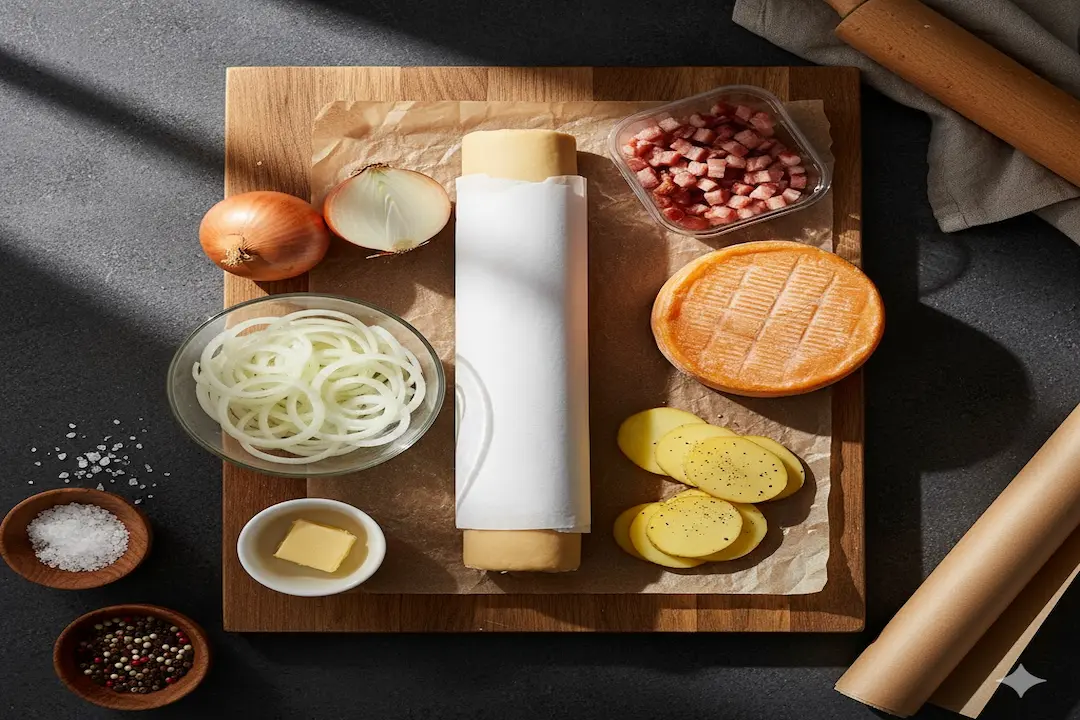 Ingrédients pour Tarte à l'Oignon et au Reblochon : pâte brisée, oignons émincés, Reblochon, pommes de terre, lardons, beurre, sel, poivre.