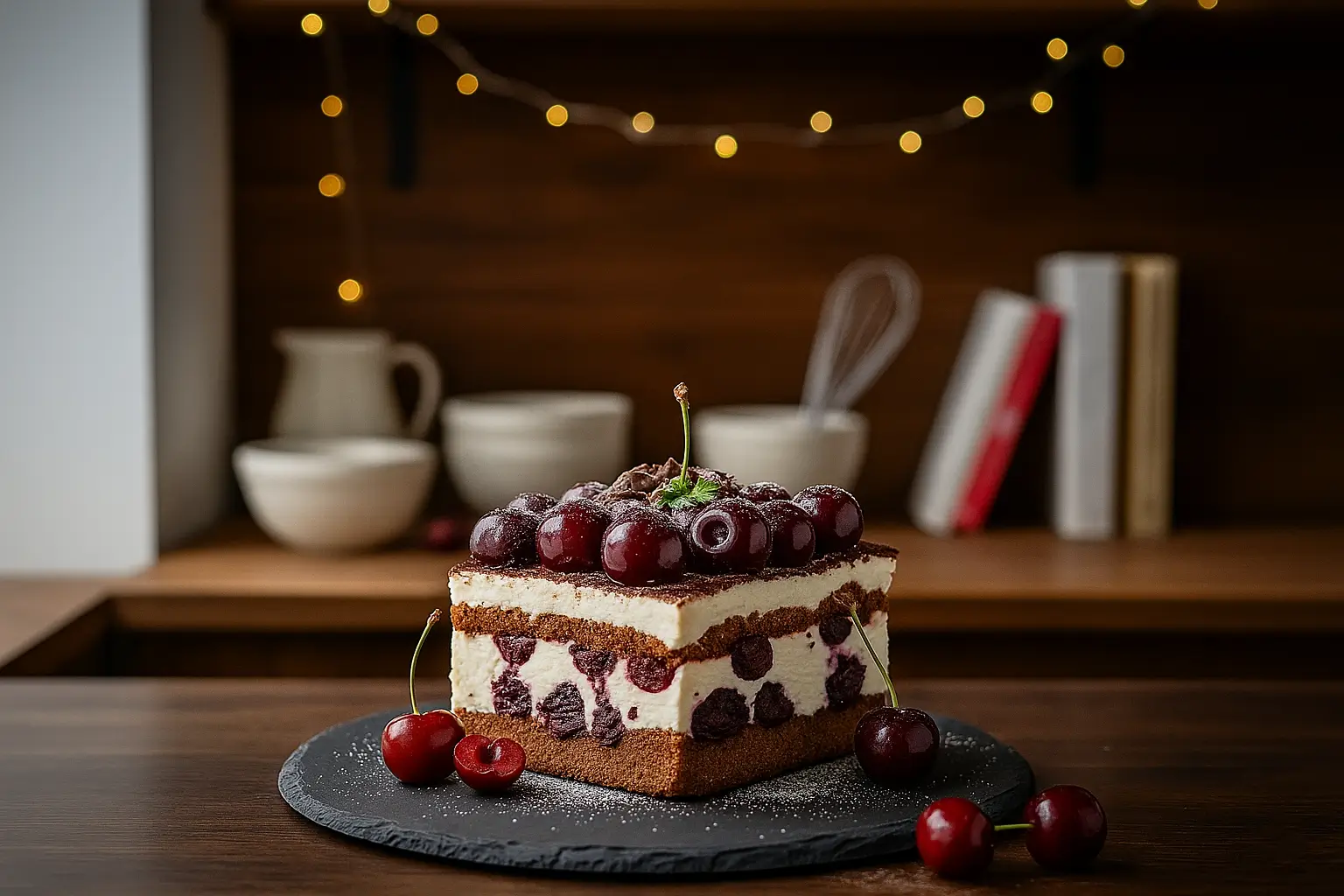Tiramisu Forêt-Noire riche et onctueux, saupoudré de cacao, avec des couches de crème, biscuits, cerises et chocolat visibles dans un plat élégant.